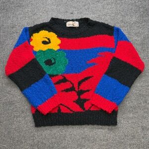 The Import Workshop Vintage Colorblock Floral Knit Sweater Red Blue Black Women